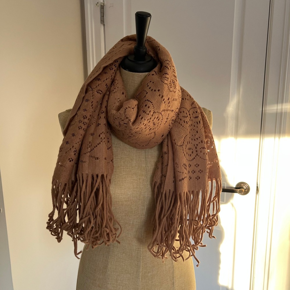 Elegant Tan Light Knit Scarf Shawl Wrap Fringe Boho Festival Accessory - Picture 6 of 9